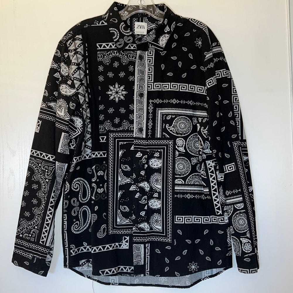 Zara Bandana Shirt Paisley 100% Cotton Mens Button Down Black & Gray Size Medium